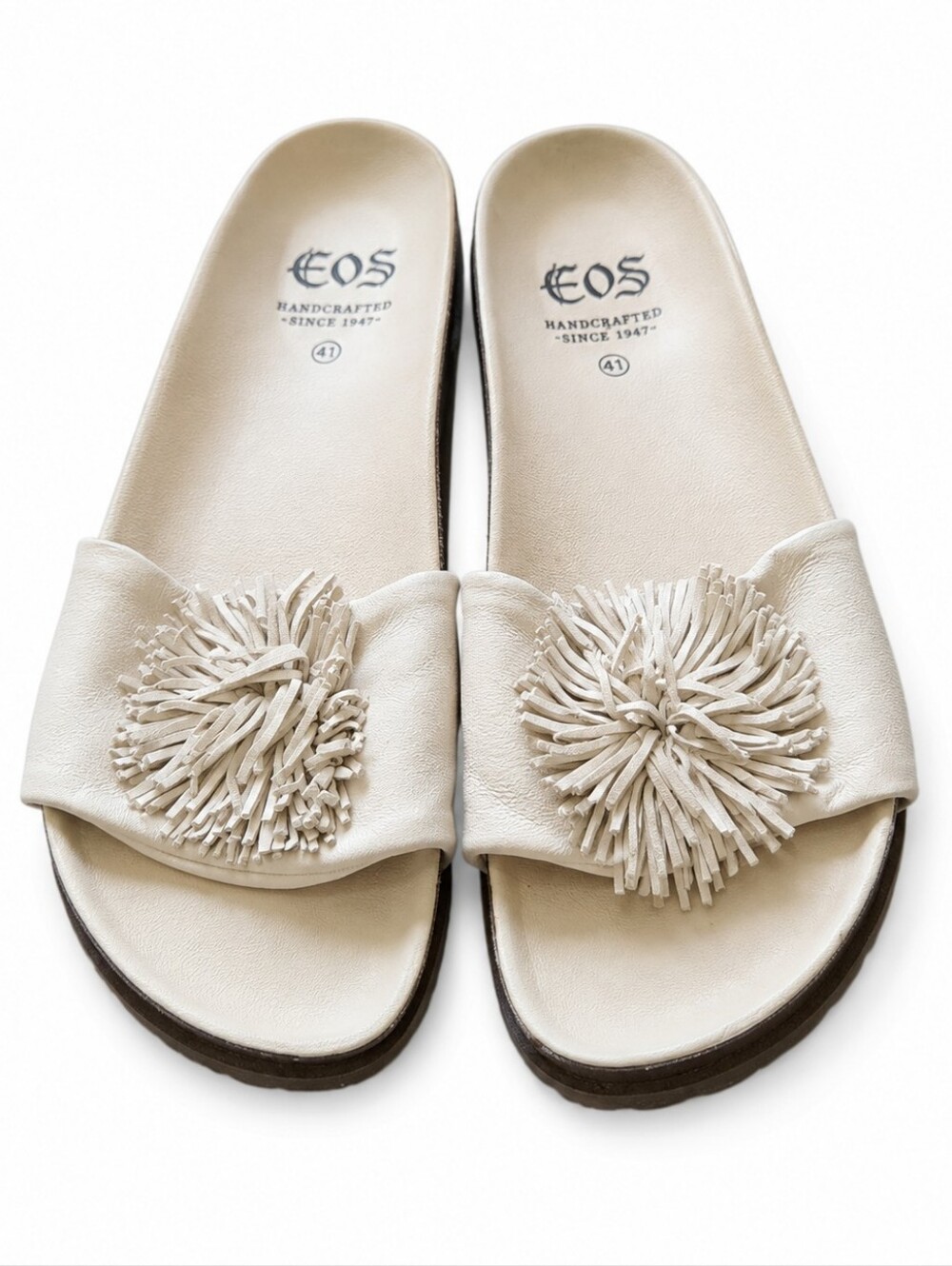 EOS Women’s White Leather Pom Pom Fringe Slide Sandals EU 41 Comfort Shoes